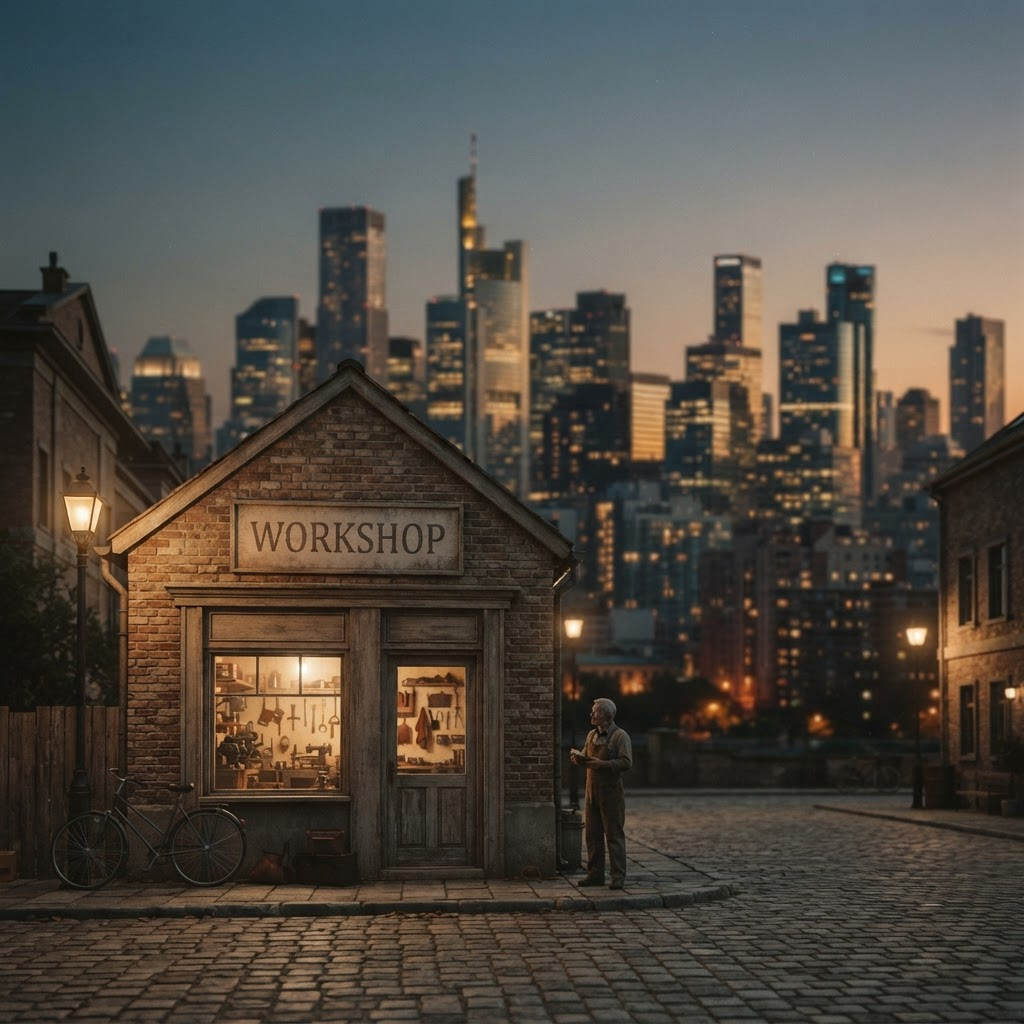 Muted editorial image of a small storefront at golden hour transitioning toward a modern skyline, symbolizing business growth.