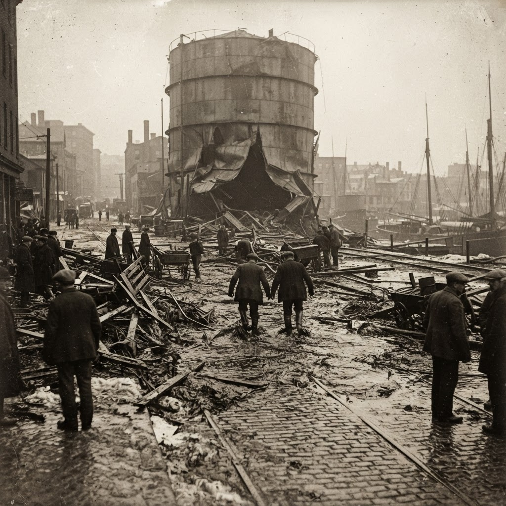 Muted documentary-style image of an early-20th-century industrial waterfront evoking the Great Boston Molasses Flood.