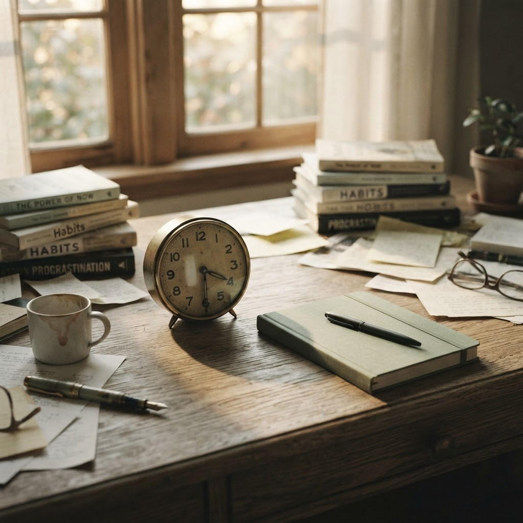 Conceptual educational image of an analog clock on a cluttered desk beside a closed notebook in warm afternoon light.