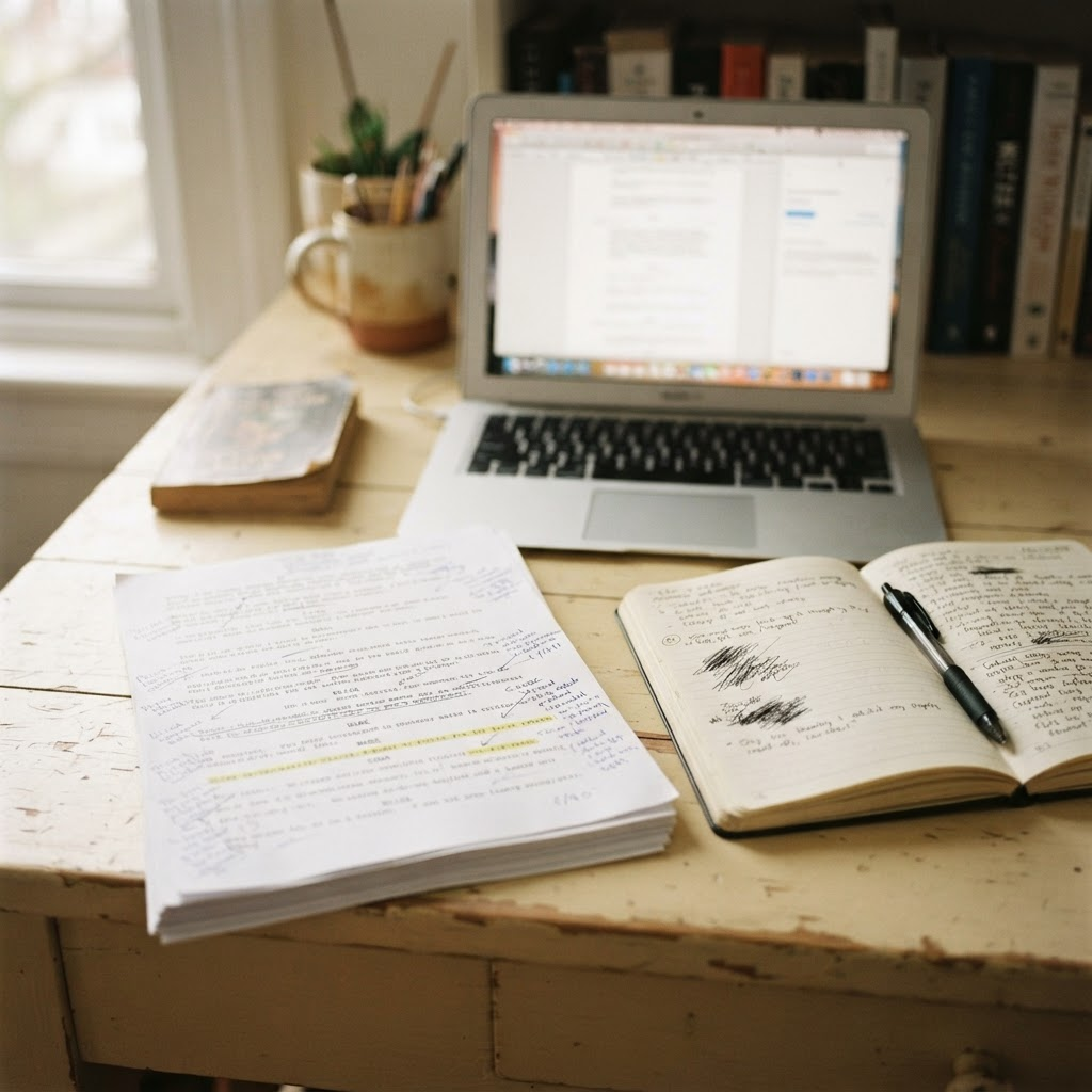 A writer's research workspace with printed script pages, handwritten notes, and highlighted lines in soft natural light.